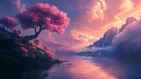 Blossom cliffs and cotton-candy sky over a lilac river.