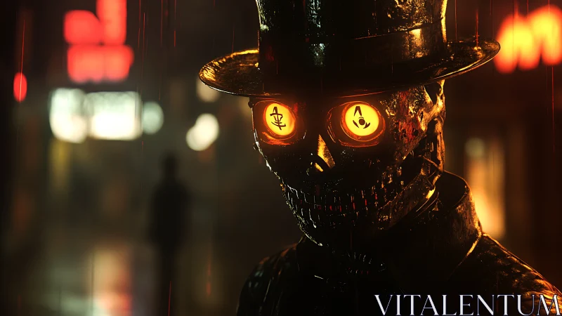 Cybernetic skull detective stands in neon-soaked rain