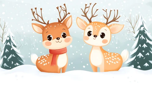 Cartoon reindeer pair in stylized snowy conifer landscape.