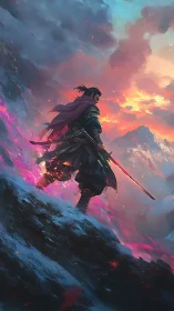 Samurai silhouette on molten ridge under incendiary sky.