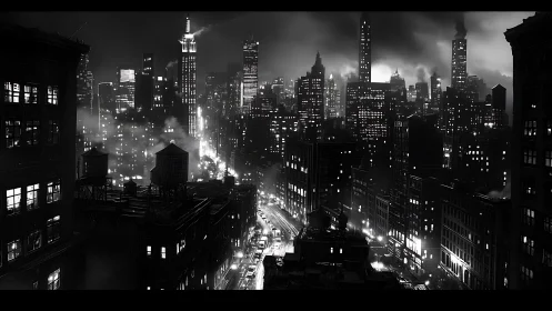 Noir urban skyline illuminated by dense high-rise grid lighting