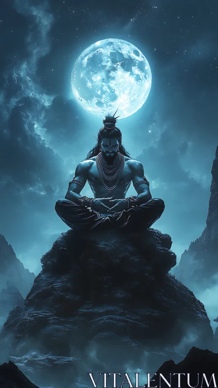 Mystic warrior meditates beneath luminous full moon.