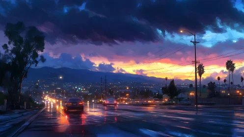 Urban dusk boulevard under stormy cinematic neon sky.