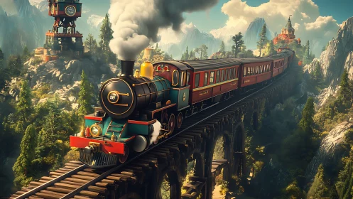 Steam excursion train on elevated mountain viaduct, daylight