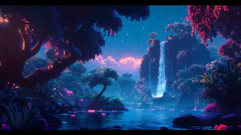 Luminescent jungle waterfall glows under a tranquil night sky