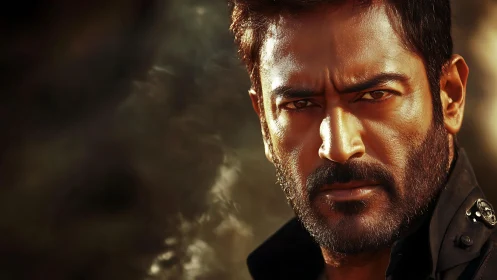 Intense close-up of serious bearded man in dark jacket.