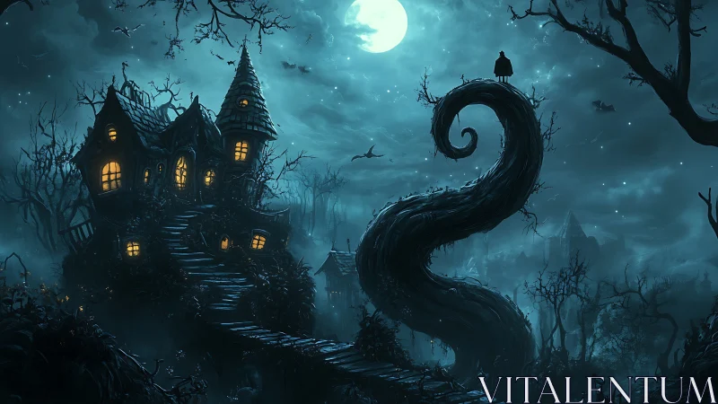 Curved moonlit tree overlooks eerie crooked hill house at night.