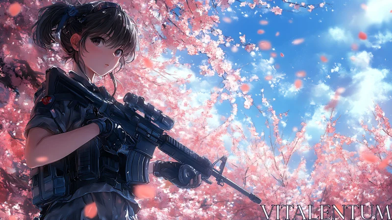 Armed anime girl stands watch beneath drifting cherry blossoms