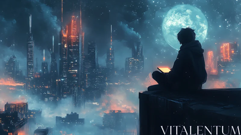 Moonglow coder keeps vigil above ember-lit cyber city