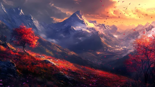Crimson autumn valley unfolds beneath blazing alpine sunset.