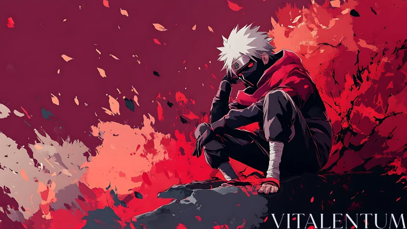 Anime warrior in crimson abstract battlefield composition.