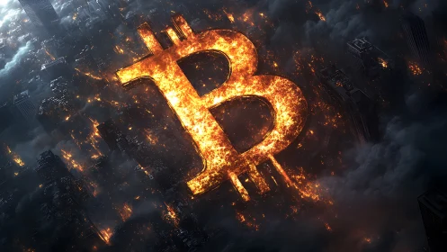 Bitcoin symbol blazes over dystopian burning megacity.