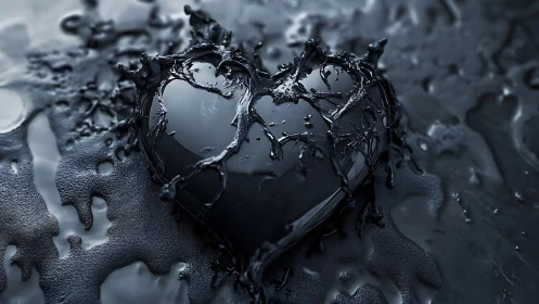 Black heart-shaped form with water droplets and surface texture.