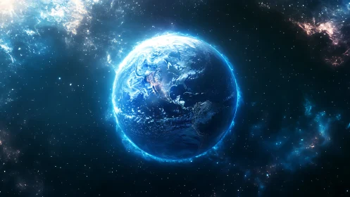 Glowing blue Earth floats in deep cosmic starfield void.