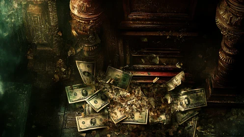 Forgotten treasure of crumbling dollars in a shadowed vault.