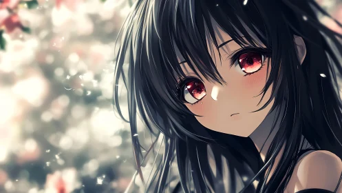 Portrait shows anime girl with dark hair and red eyes