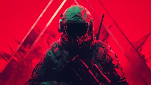 Armored soldier silhouette in red geometric environment.