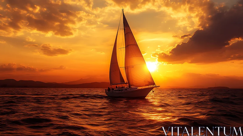 Sunlit yacht slices through glowing waves at golden sunset