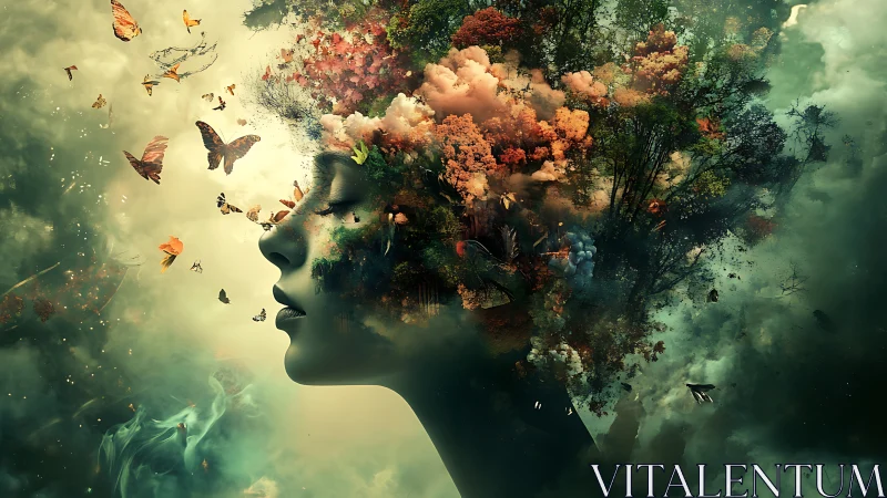 Surreal female profile fused with lush seasonal forestscape.