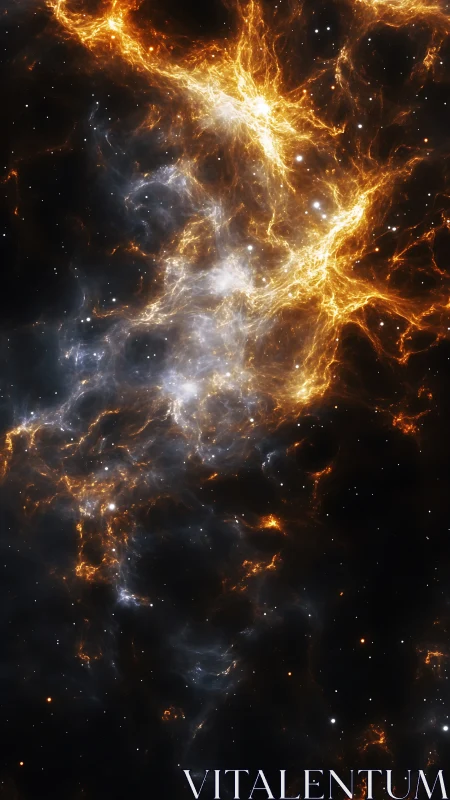 Turbulent stellar nebula filaments in emissive plasma cloud.