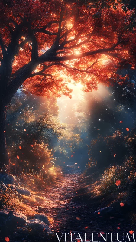 Autumn forest path under glowing maple canopy at sunrise.