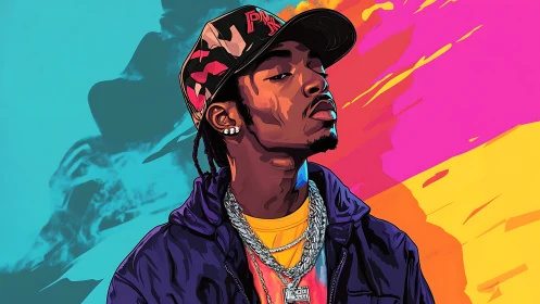 Bold hip-hop portrait glows against vibrant neon splashes