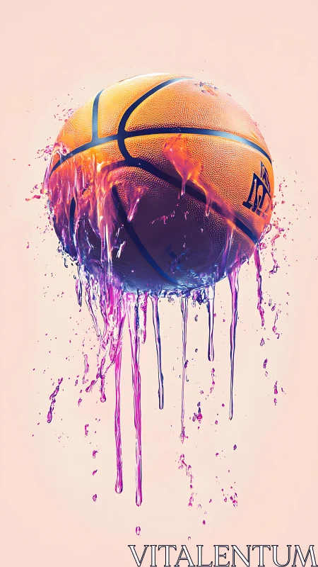 Neon liquid basketball suspended in pastel minimal space.