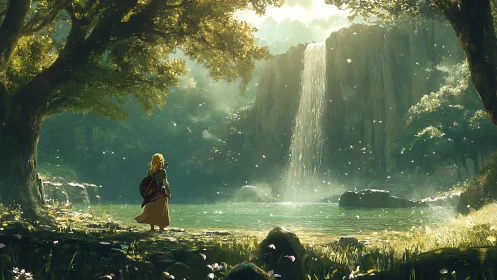 Solitary adventurer observing tranquil forest waterfall.