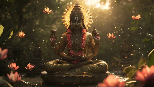 Lotus-lit goddess in golden forest shrine at dawnlight.