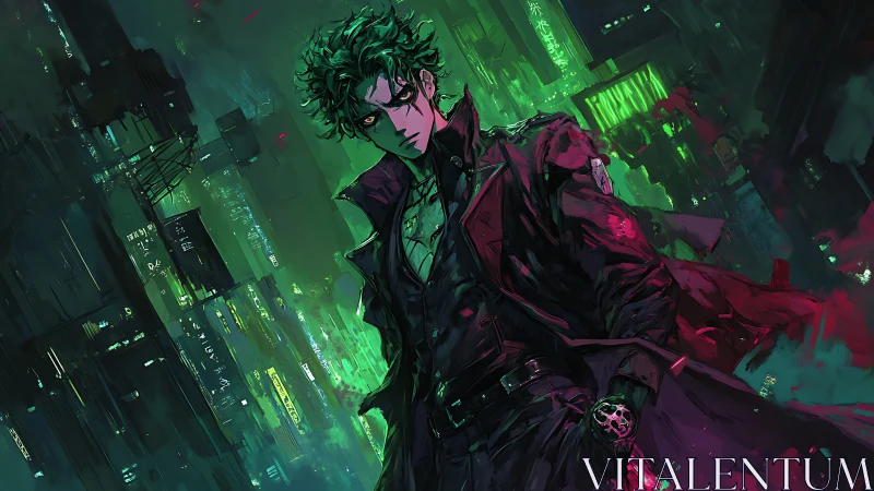 Brooding cyberpunk antihero stalks neon drenched skyline