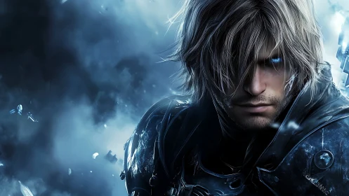 Brooding silver‑haired warrior stares ahead through icy haze