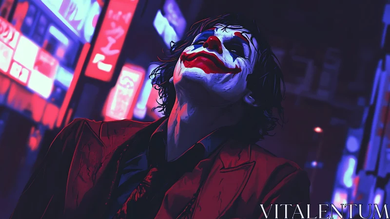 Neon-lit clown figure in crimson suit under urban night glow