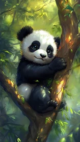 Young panda holding onto tree trunk in dense forest setting.