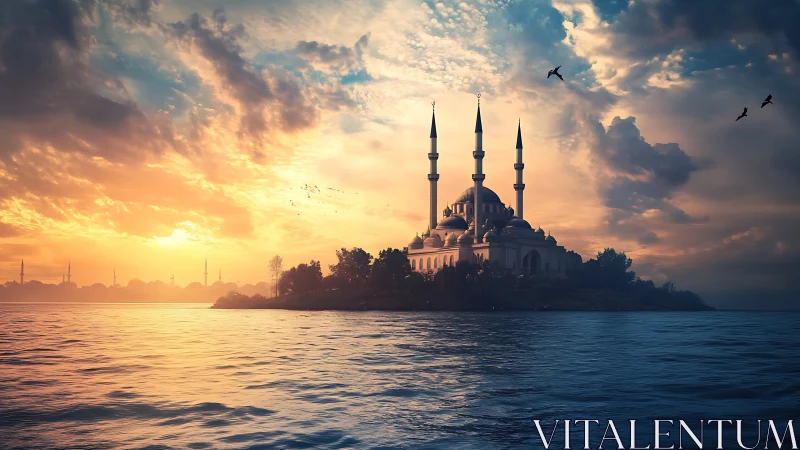 Mosque with three minarets positioned on peninsular terrain during golden hour conditions.
