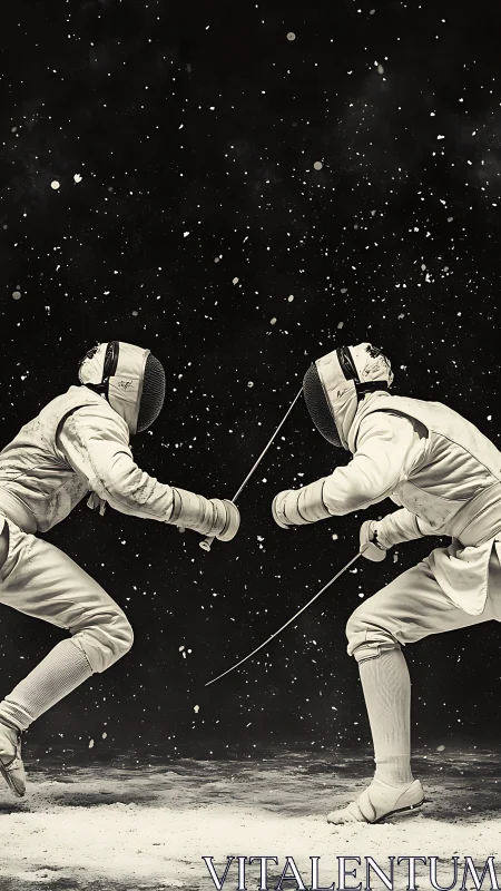 High-contrast monochrome fencing duel in suspended mid-lunge.