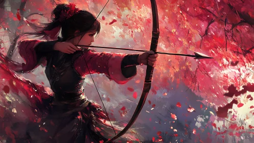 Female archer drawing bow amid dynamic crimson foliage storm