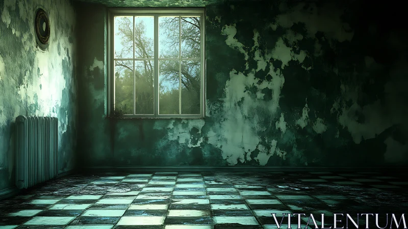 Decayed green room with window over tiled floor at dusk.