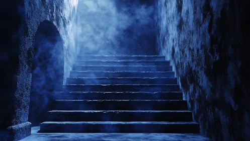 Foggy stone stairway rises through cold blue shadows.