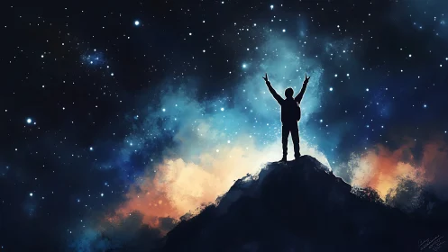Silhouette triumphant atop star‑splashed cosmic summit.