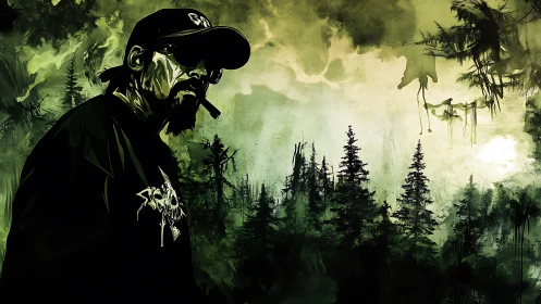 Moody forest wanderer wrapped in smoke and shadowed light.