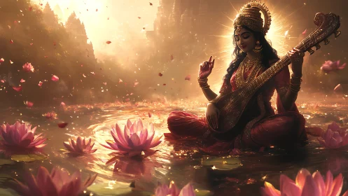 Lotus lake goddess strums luminous melodies at sunrise.