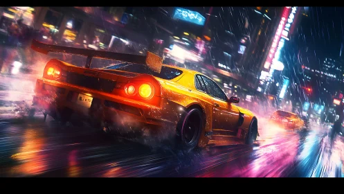 Neon orange street racer slicing through rainy city night.