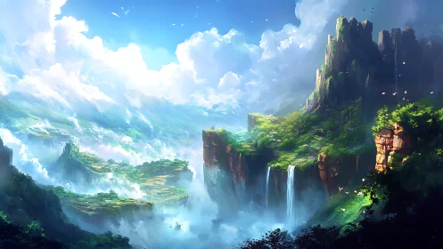 Floating Sky Citadel: Digital Landscape with Cascading Waterfalls.