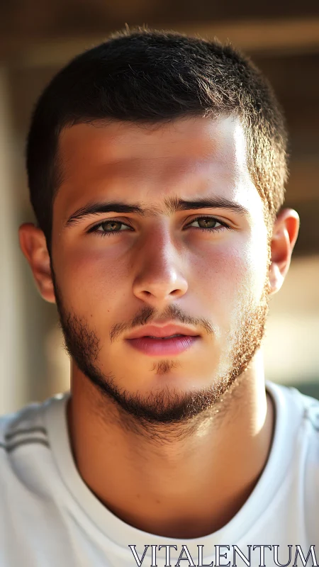 Warm sunlight portrait of a thoughtful young man at rest.