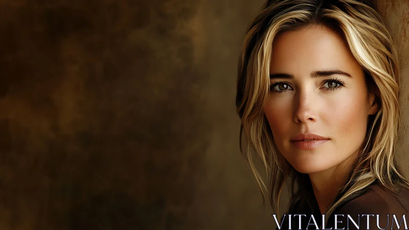 Close-up portrait of blonde woman against soft brown wall.
