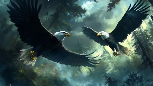 Two majestic bald eagles soaring over misty forest in digital art.