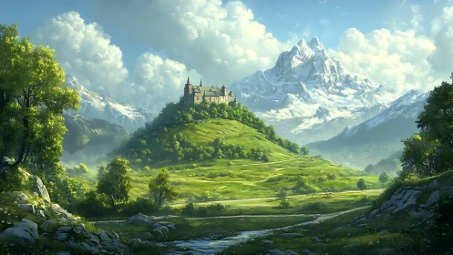 Hilltop castle stands above green valley and distant peaks