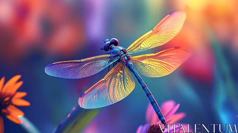 Colorful dragonfly with glowing wings over soft flowers.