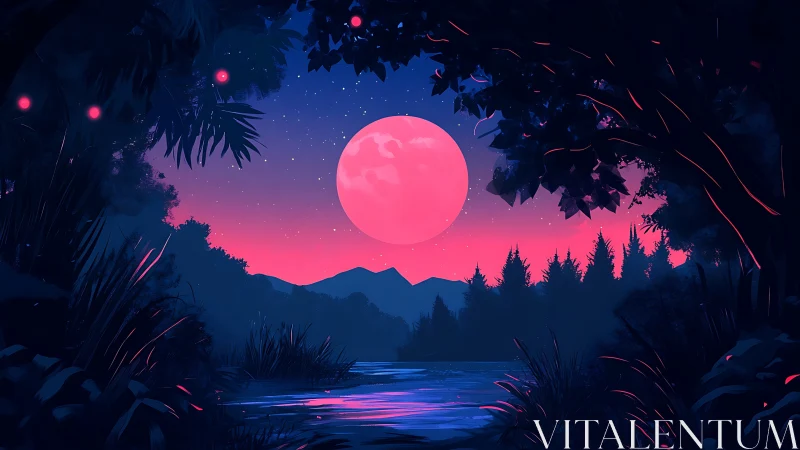 Neon moonrise over tranquil river in glowing forest twilight.
