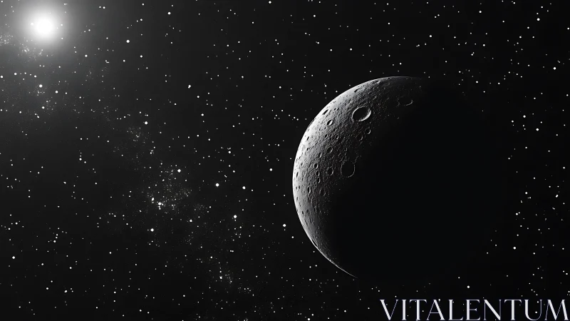 Crescent cratered moon in dense star field, high contrast.